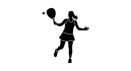 Dynamic silhouette of a female tennis player mid-swing, showcasing agility, power, and focus agepsnst a clean white backdrop