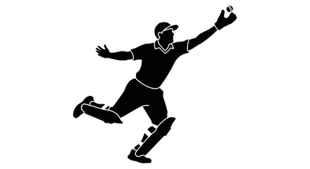 Dynamic cricket player leaps high to catch the ball, showcasing athletic skill and intense focus on the field during a thrilling match.