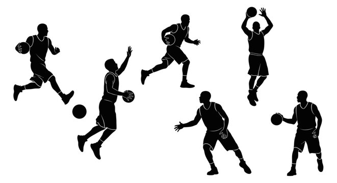 Dynamic basketball players in action silhouettes showcasing dribbling, jumping, and shooting for sports marketing and design projects