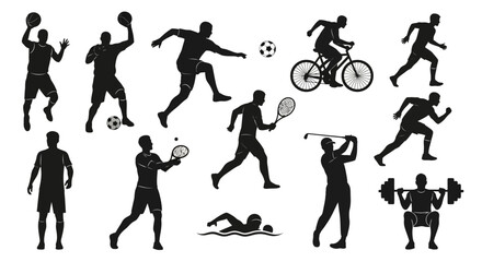 Dynamic collection of athletic silhouettes showcasing diverse sports like basketball, soccer, cycling, tennis, running, swimming, golf, and weightlifting for active lifestyles.