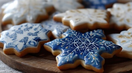 Wooden plate with several star-shaped cookies on it. the cookies are decorated with blue and white icing in the shape of snowflakes.
