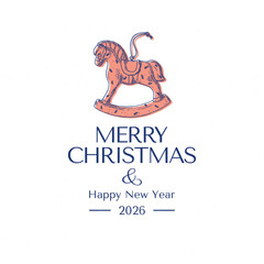 Merry Christmas and 2026 Happy New Year stamp, emblem, logo with Christmas tree toy horse. Vector illustration in vintage style.