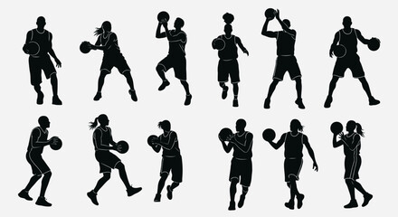 Dynamic basketball players in action silhouettes capturing athletic movement and competitive spirit for sports visuals