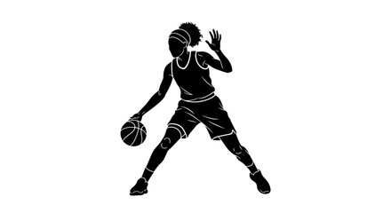 Dynamic silhouette of female basketball player dribbling the ball, ready for action and intense competition, black and white concept.