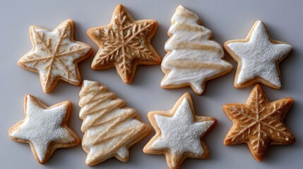 Group of nine star-shaped cookies arranged in a scattered manner on a light grey background. the cookies are light brown in color and have a criss-cross pattern on the top and bottom edges.