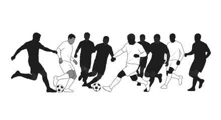 Striking black and white football players actively dribbling and passing the ball, capturing the fast-paced energy of the game.