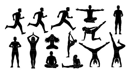 Dynamic collection of diverse fitness silhouettes showcasing various active poses for health, wellness, and energetic lifestyle designs