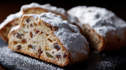 Three pieces of bread on a black plate. the bread appears to be freshly baked and has a golden brown crust. it is dusted with powdered sugar, giving it a shiny appearance.