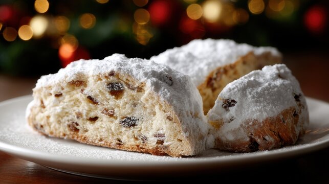Slice of bread on a white plate with a dusting of powdered sugar on top. the bread appears to be freshly baked and has a golden brown crust with raisins scattered throughout.