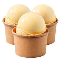 Three scoops of creamy vanilla ice cream in small paper cups isolated on transparent background