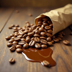 Coffee Beans Spilling from a Paper Bag on a Wooden Surface