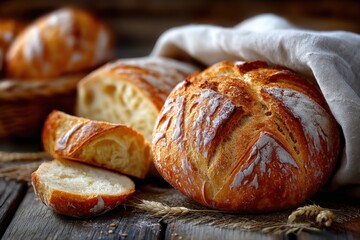 Freshly Baked Bread Loaves and Slices on Rustic Wood