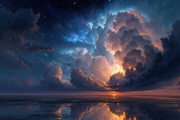 Vast, colorful clouds meet a starry night sky over a calm sea reflecting the sunset