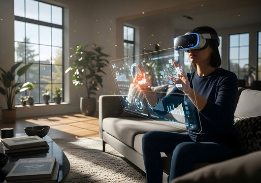 Woman using VR headset at home, interacting with holographic data interface, future technology concept.