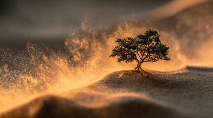 Miniature tree amidst a sandstorm