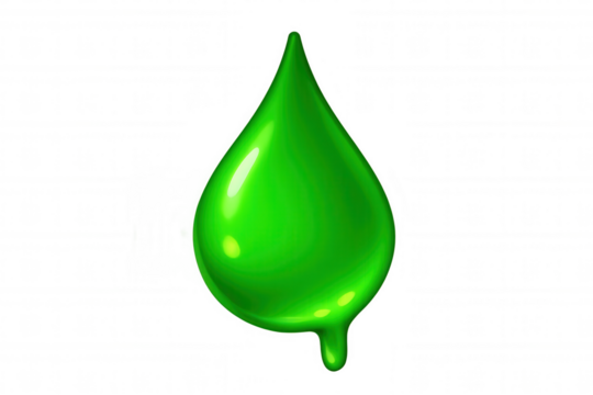 Green liquid drop dripping, glossy slime or paint rendering with transparent background for design