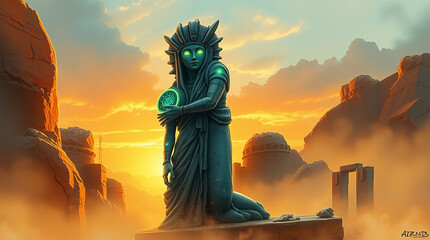 Ancient Statue Glowing Orb Desert Landscape Fantasy Art Illustration Scene