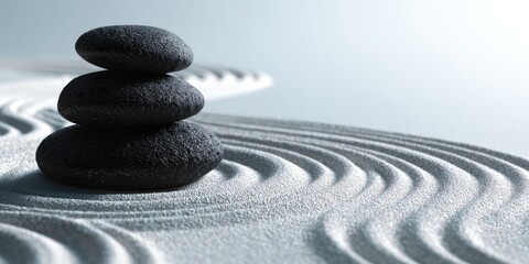 Zen garden with three dark stones balanced on a bed of white sand, exhibiting intricate patterns