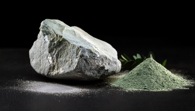 Zeolite Mesolite Raw Stones And Zeolite Powder On Black Background