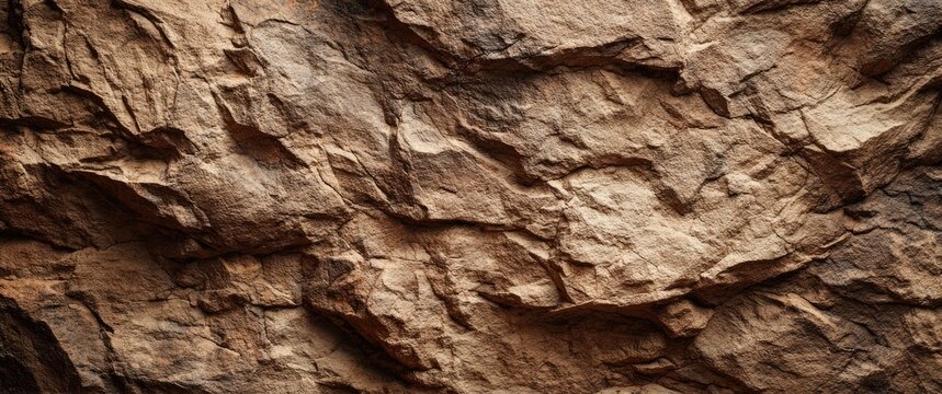 Close-up view of a textured rock face, showcasing deep crevices and varied shades of brown.  The surface is rough and uneven, with visible layers and patterns