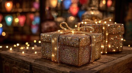 Two ornate gold gift boxes, adorned with intricate designs and illuminated by warm lights, sit on a rustic wooden surface amidst a bokeh of colorful lights