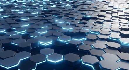 Obraz premium A futuristic surface of hexagonal tiles with glowing blue energy lines. An abstract technology background representing data, network, or modern innovation.