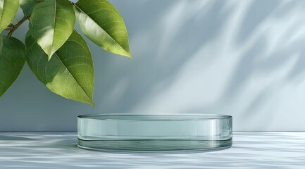 Empty glass podium, pale blue backdrop, lush leaves