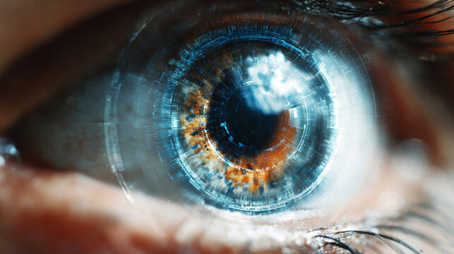 Close-up of a human eye with a futuristic biometric security system.