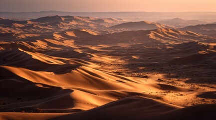 Vast desert landscape bathed in golden sunrise light.  Rolling dunes, ochre tones, distant peaks.  Sunlit valleys