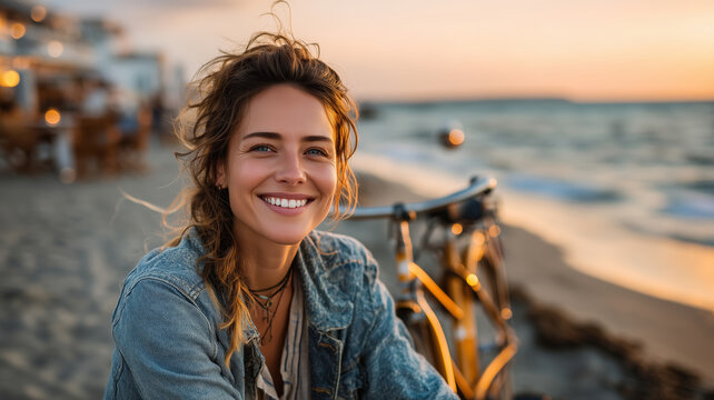Smiling woman enjoys a sunset by the beach with her bicycle in the sand - Powered by Adobe