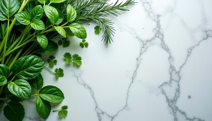 Fresh green herbs and leaves arranged on a marble surface. Includes mint, rosemary, and small clover leaves. Ideal for culinary or wellness themes.