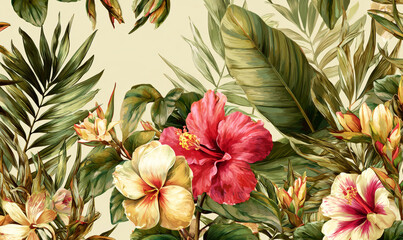 Tropical jungle background with lush greenery and exotic flowers. Floral wallpaper