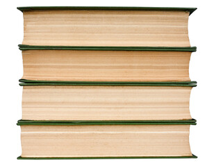 Stack of old books isolated on a transparent background. View from the end. PNG.
