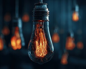 Glowing Vintage Light Bulb In Dark Interior