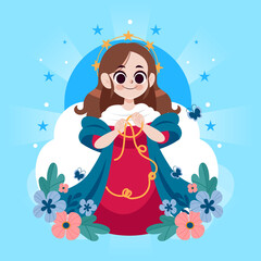 Detailed Religious Flat Composition of Virgin Mary with Child Surrounded by Ornamentation