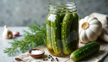 A jar of pickled cucumbers with garlic and spices. Fresh cucumbers are submerged in brine, surrounded by herbs and spices on a wooden surface.