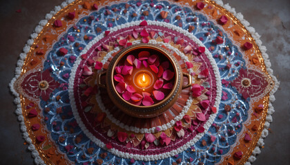 Fototapeta premium Traditional clay pot with glowing oil lamp surrounded by rose petals for Karva Chauth celebration 