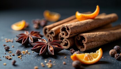 Cinnamon sticks, star anise, and orange slices arranged on a dark surface. The scene highlights spices and citrus fruits, ideal for culinary themes.