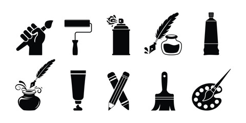 Art and painting icon set. Drawing vector design bundle of paint brush, roller, spray paint, ink pen, palette, tube, calligraphy, drawing tools Pictogram collection.