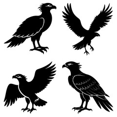 Obraz premium Silhouette illustration of four eagles in different poses standing and flying with spread wings displayed