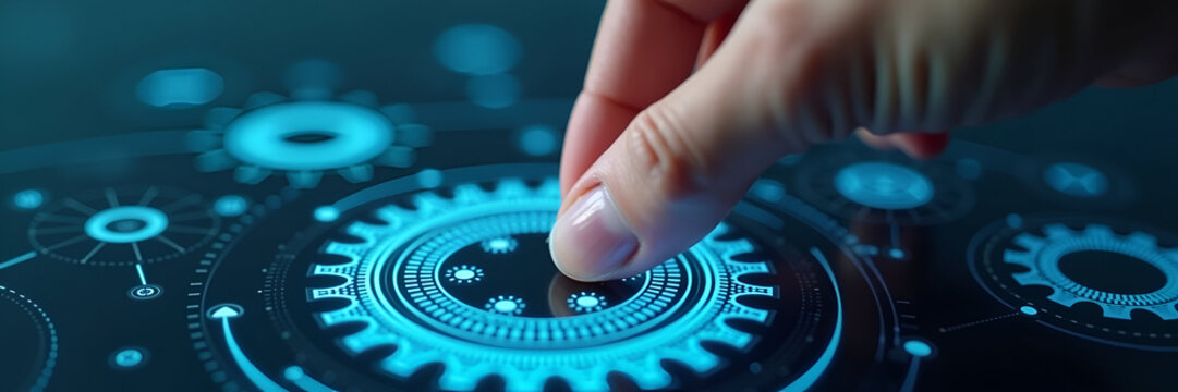 A close-up view of gears and AI icons being manually adjusted, symbolizing the implementation of automation, with focused copy space for a modern feel.