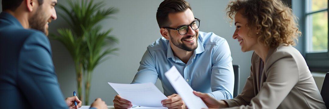 Professional young business man manager financial advisor consulting client having conversation sitting at work meeting. Two busy happy diverse male employees checking documents talking in office. con