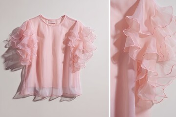 Light pink sheer top with ruffled sleeves.  Close-up, studio shot on light beige background.  Details of the frilly sleeves