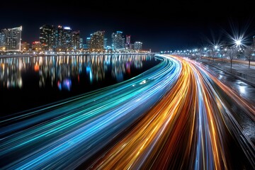 City Lights Streaking Across Night Highway