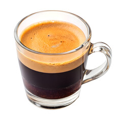 A refreshing shot of dark espresso coffee with a rich golden crema in a clear glass mug isolated on transparent background