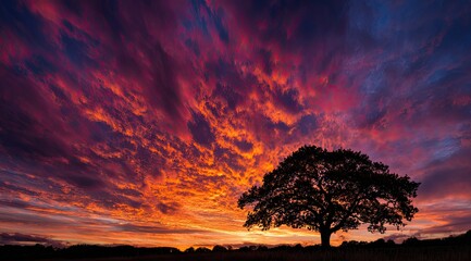 Dramatic sunset sky with a lone tree silhouette