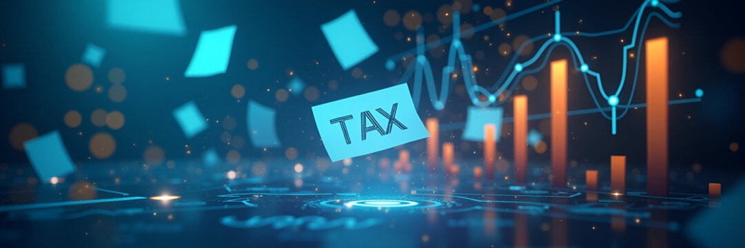 An innovative digital interface showcasing floating tax-related documents alongside bar charts, allowing for effective information delivery with established copy space.