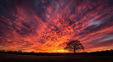 Fiery sunset sky over a field