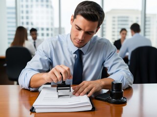 Employee performing document stamping approval procedure as part of paperwork process handling in office environment demonstrating verification