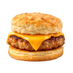Savory breakfast sausage patty and melted cheese sandwiched between two fluffy biscuits isolated on transparent background